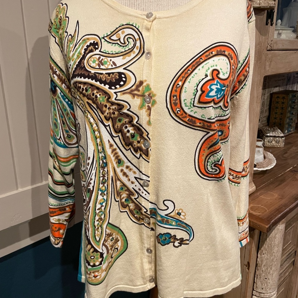 Paisley Button-Up Cardigan in Cream and Orange